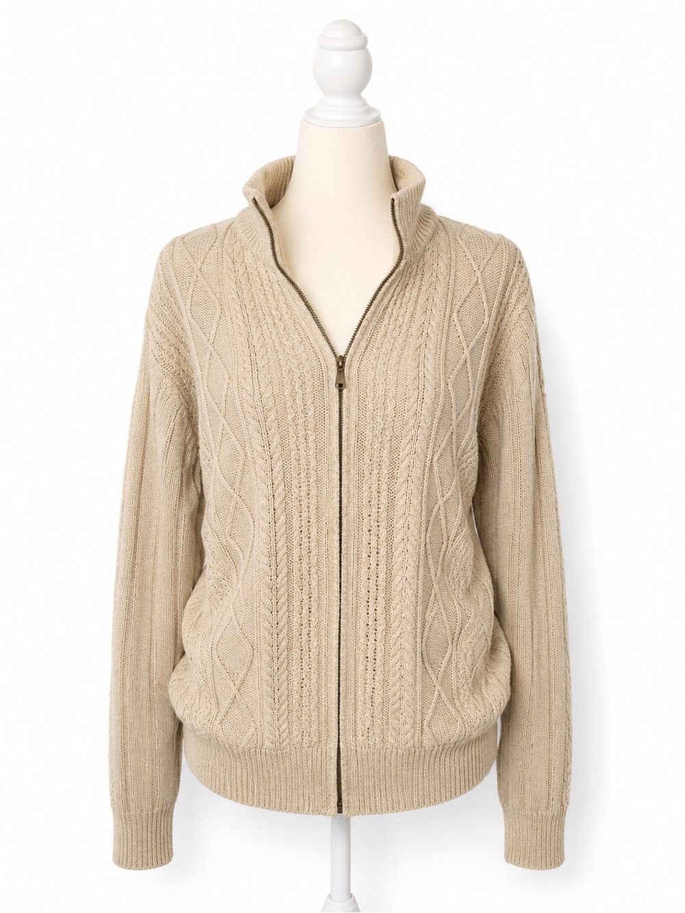 Van Heusen Cable Knit Full Zip Sweater Ramie Cotton Beige Zip Neck Size M